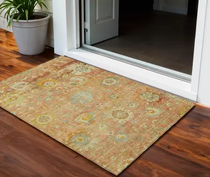 3' X 5' Coral Blue And Green Floral Washable Indoor Outdoor Area Rug