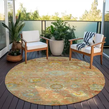 8' Coral Blue And Green Round Floral Washable Indoor Outdoor Area Rug