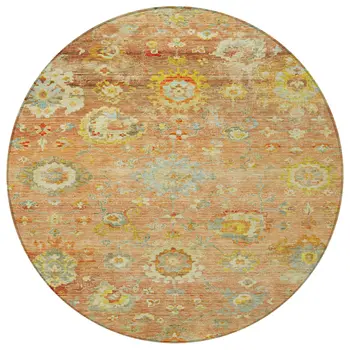 8' Coral Blue And Green Round Floral Washable Indoor Outdoor Area Rug