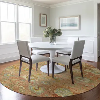 8' Coral Blue And Green Round Floral Washable Indoor Outdoor Area Rug