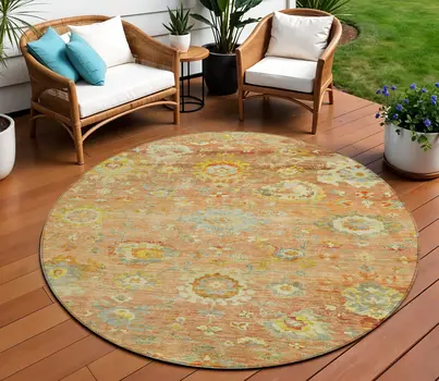 8' Coral Blue And Green Round Floral Washable Indoor Outdoor Area Rug