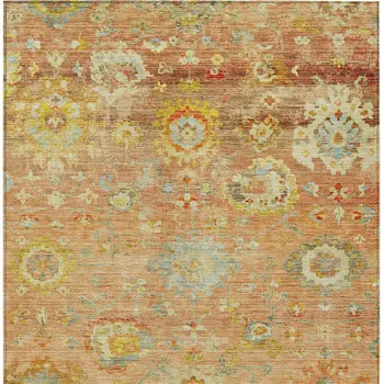 10' X 14' Coral Blue And Green Floral Washable Indoor Outdoor Area Rug