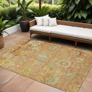 10' X 14' Coral Blue And Green Floral Washable Indoor Outdoor Area Rug