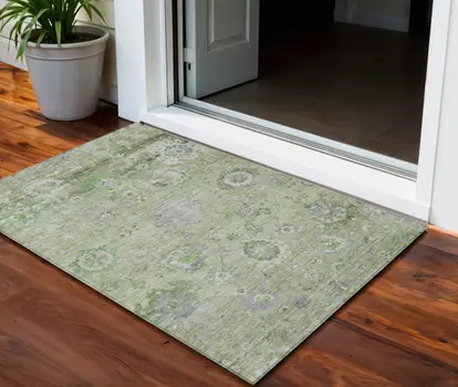 3' X 5' Mint Green And Gray Floral Washable Indoor Outdoor Area Rug