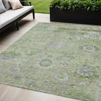 5' X 8' Mint Green And Gray Floral Washable Indoor Outdoor Area Rug
