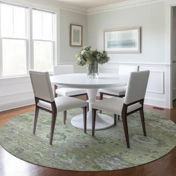8' Mint Green And Gray Round Floral Washable Indoor Outdoor Area Rug