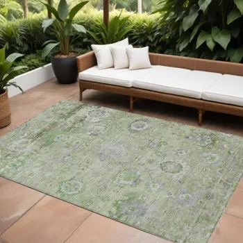 8' X 10' Mint Green And Gray Floral Washable Indoor Outdoor Area Rug
