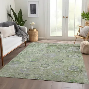 8' X 10' Mint Green And Gray Floral Washable Indoor Outdoor Area Rug