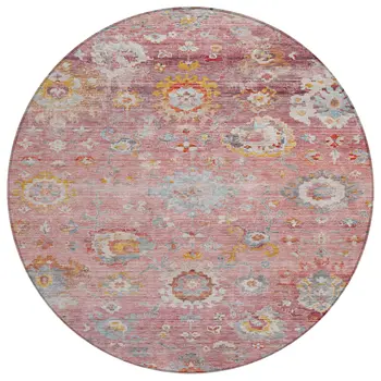 8' Pink Gray And Gold Round Floral Washable Indoor Outdoor Area Rug