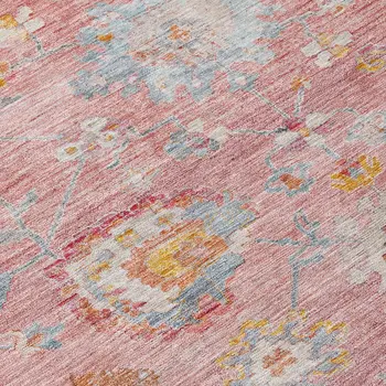 8' Pink Gray And Gold Round Floral Washable Indoor Outdoor Area Rug