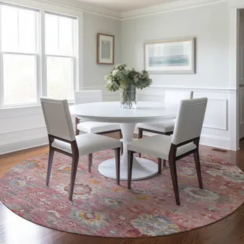 8' Pink Gray And Gold Round Floral Washable Indoor Outdoor Area Rug