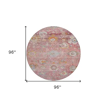 8' Pink Gray And Gold Round Floral Washable Indoor Outdoor Area Rug