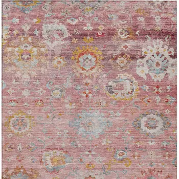 10' X 14' Pink Gray And Gold Floral Washable Indoor Outdoor Area Rug