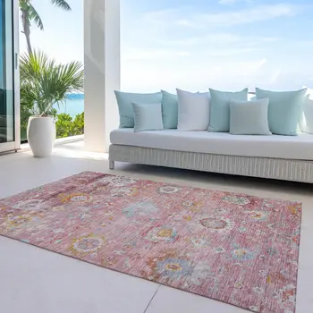 10' X 14' Pink Gray And Gold Floral Washable Indoor Outdoor Area Rug
