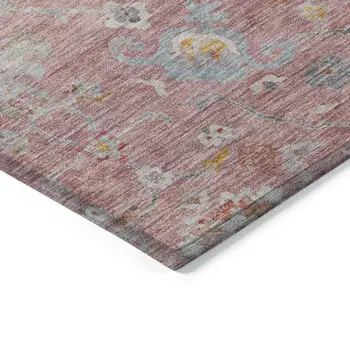 10' X 14' Pink Gray And Gold Floral Washable Indoor Outdoor Area Rug