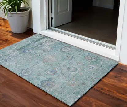 3' X 5' Blue And Gray Floral Washable Indoor Outdoor Area Rug