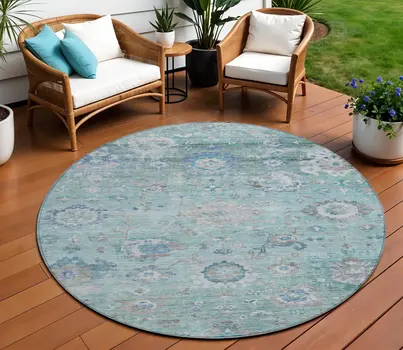 8' Blue And Gray Round Floral Washable Indoor Outdoor Area Rug