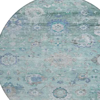 8' Blue And Gray Round Floral Washable Indoor Outdoor Area Rug