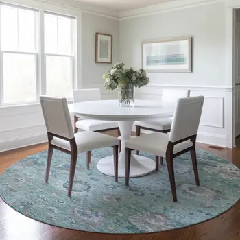 8' Blue And Gray Round Floral Washable Indoor Outdoor Area Rug