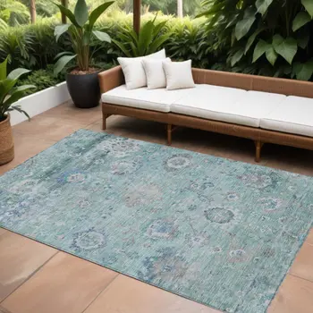 8' X 10' Blue And Gray Floral Washable Indoor Outdoor Area Rug