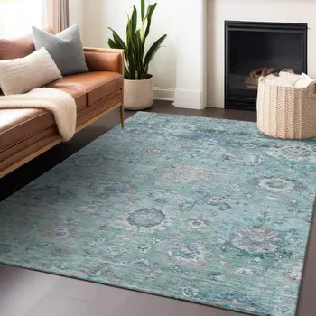 9' X 12' Blue And Gray Floral Washable Indoor Outdoor Area Rug