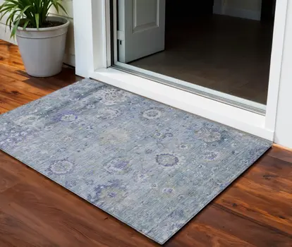 3' X 5' Sky Blue Purple And Gray Floral Washable Indoor Outdoor Area Rug