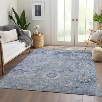 3' X 5' Sky Blue Purple And Gray Floral Washable Indoor Outdoor Area Rug