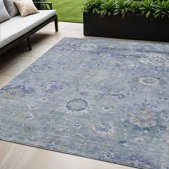 5' X 8' Sky Blue Purple And Gray Floral Washable Indoor Outdoor Area Rug