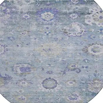 8' Sky Blue Purple And Gray Round Floral Washable Indoor Outdoor Area Rug