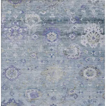 9' X 12' Sky Blue Purple And Gray Floral Washable Indoor Outdoor Area Rug