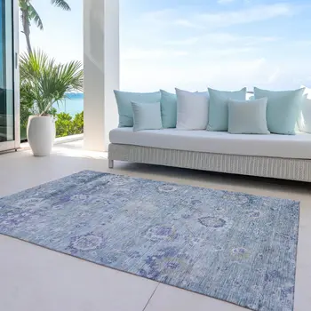 9' X 12' Sky Blue Purple And Gray Floral Washable Indoor Outdoor Area Rug