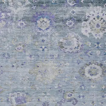 9' X 12' Sky Blue Purple And Gray Floral Washable Indoor Outdoor Area Rug