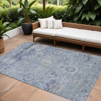 10' X 14' Sky Blue Purple And Gray Floral Washable Indoor Outdoor Area Rug