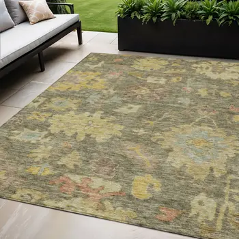 5' X 8' Artichoke Green Coral And Brown Floral Washable Indoor Outdoor Area Rug