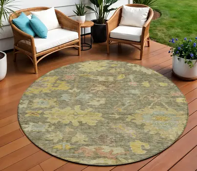 8' Artichoke Green Coral And Brown Round Floral Washable Indoor Outdoor Area Rug