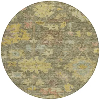 8' Artichoke Green Coral And Brown Round Floral Washable Indoor Outdoor Area Rug