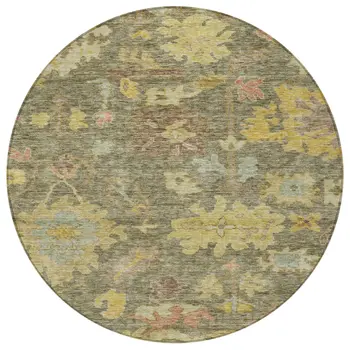 8' Artichoke Green Coral And Brown Round Floral Washable Indoor Outdoor Area Rug