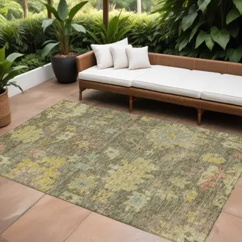 8' X 10' Artichoke Green Coral And Brown Floral Washable Indoor Outdoor Area Rug