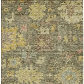 9' X 12' Artichoke Green Coral And Brown Floral Washable Indoor Outdoor Area Rug