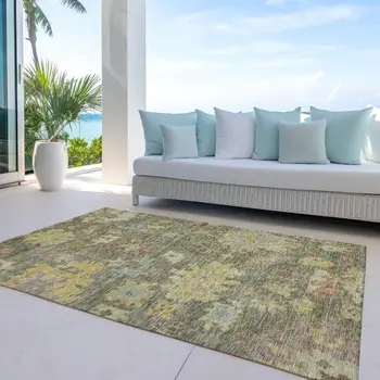 10' X 14' Artichoke Green Coral And Brown Floral Washable Indoor Outdoor Area Rug