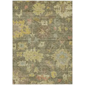 10' X 14' Artichoke Green Coral And Brown Floral Washable Indoor Outdoor Area Rug