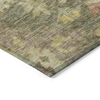 10' X 14' Artichoke Green Coral And Brown Floral Washable Indoor Outdoor Area Rug