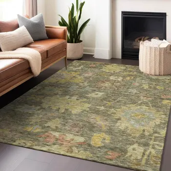 10' X 14' Artichoke Green Coral And Brown Floral Washable Indoor Outdoor Area Rug