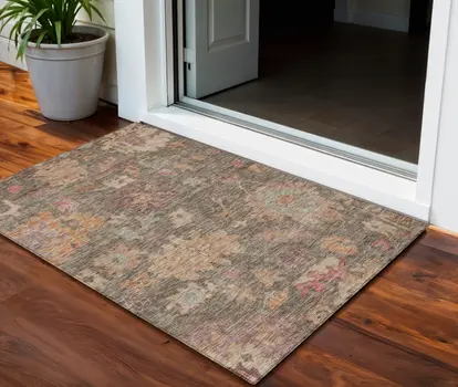 3' X 5' Brown Tan And Terra Cotta Floral Washable Indoor Outdoor Area Rug