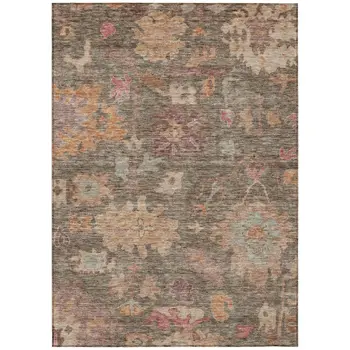 5' X 8' Brown Tan And Terra Cotta Floral Washable Indoor Outdoor Area Rug