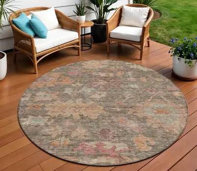 8' Brown Tan And Terra Cotta Round Floral Washable Indoor Outdoor Area Rug