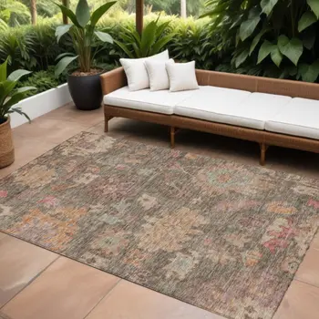 8' X 10' Brown Tan And Terra Cotta Floral Washable Indoor Outdoor Area Rug