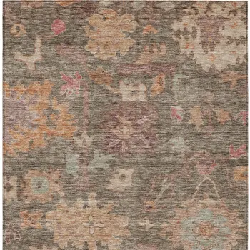 10' X 14' Brown Tan And Terra Cotta Floral Washable Indoor Outdoor Area Rug