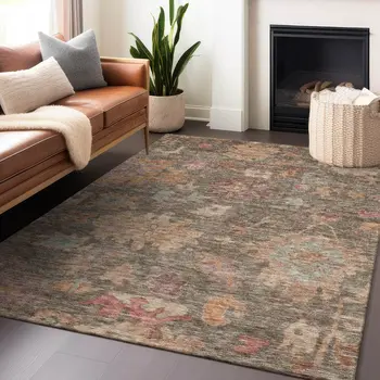 10' X 14' Brown Tan And Terra Cotta Floral Washable Indoor Outdoor Area Rug