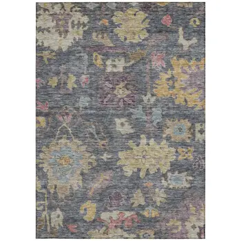 3' X 5' Blue Charcoal And Gold Floral Washable Indoor Outdoor Area Rug